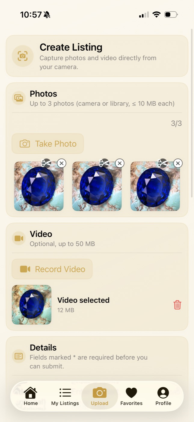 RESGEMS create listing screen