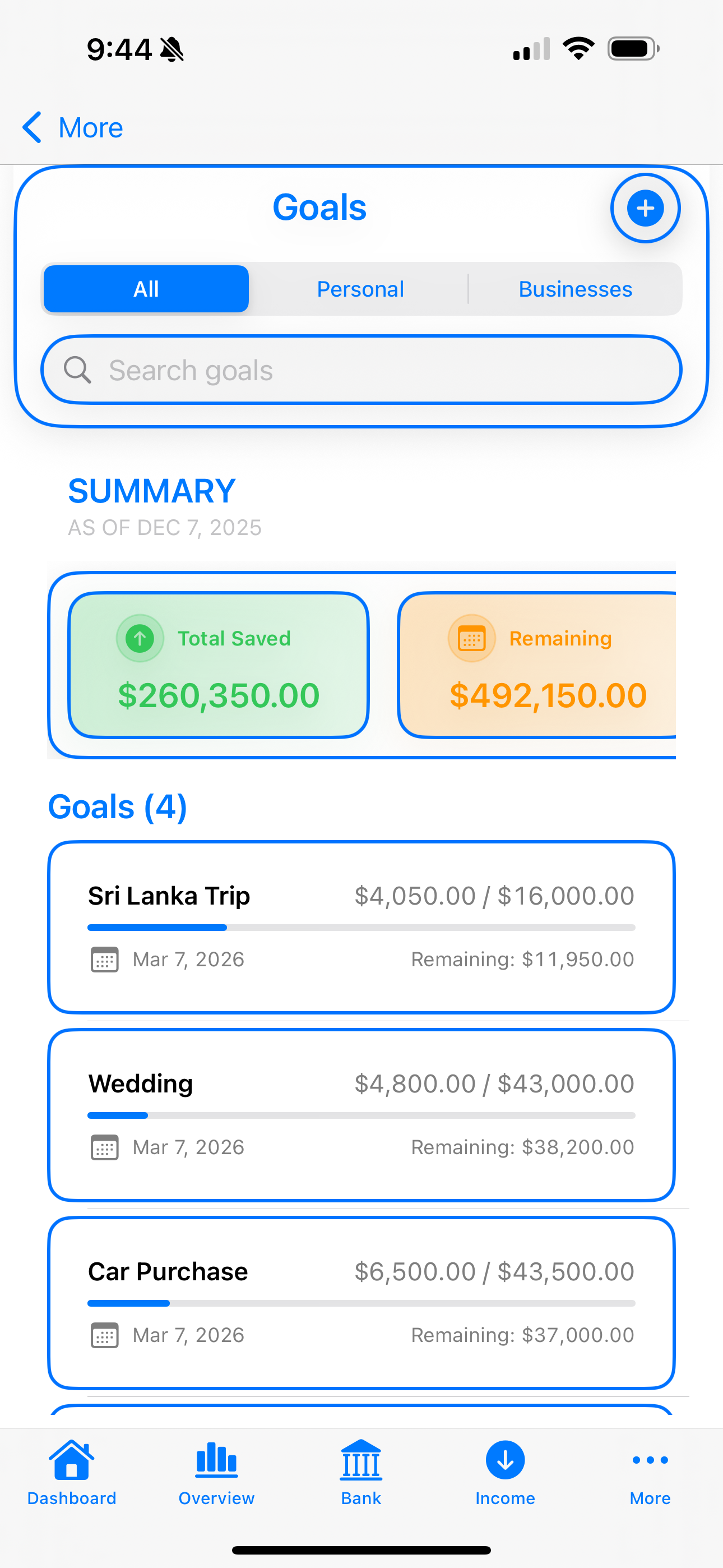 SaveGrow goals screen