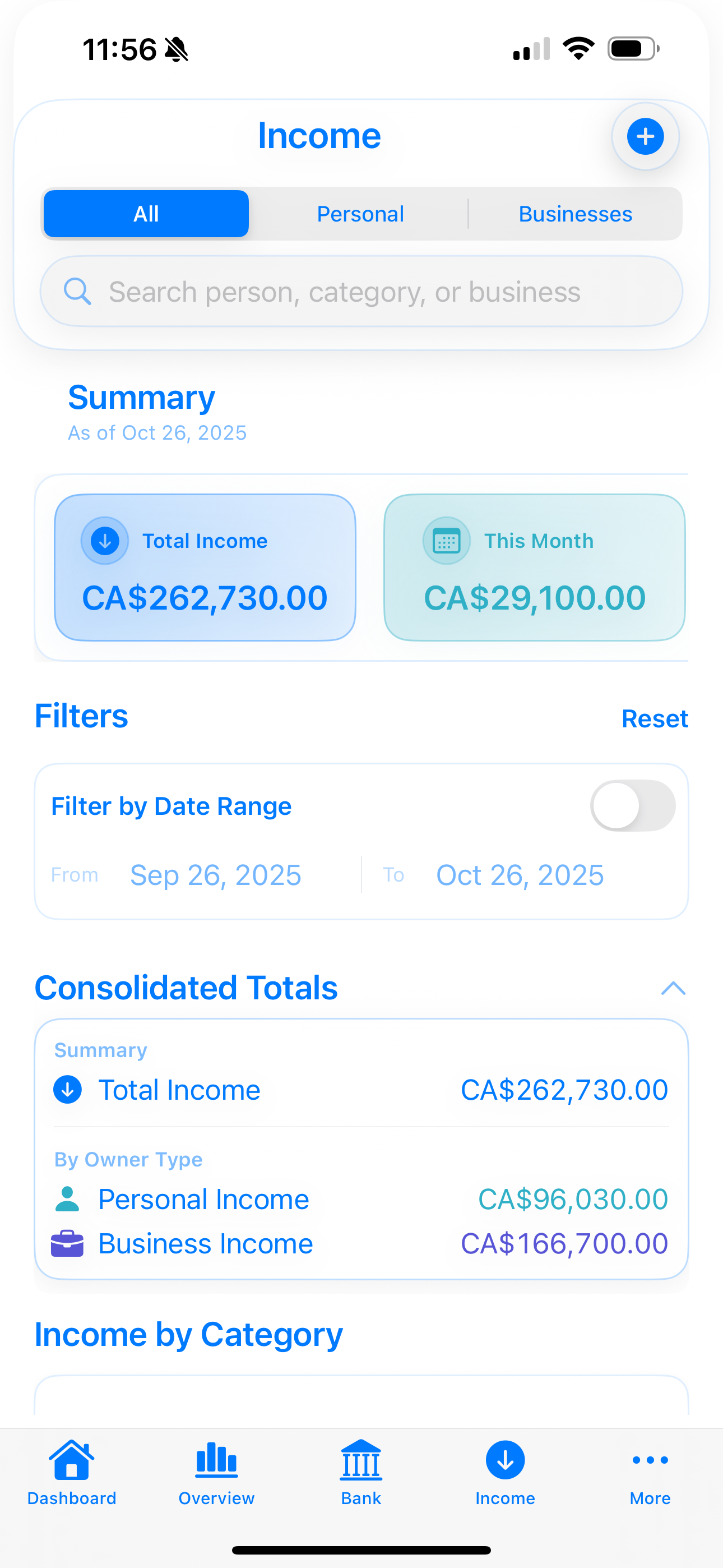 SaveGrow income entry screen
