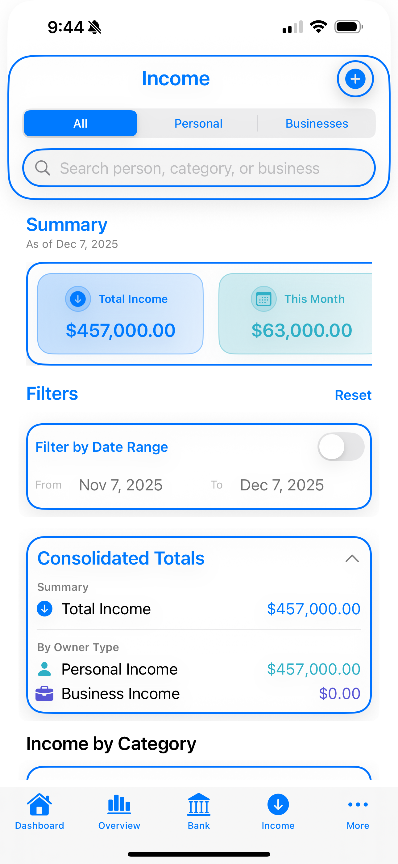 SaveGrow income screen
